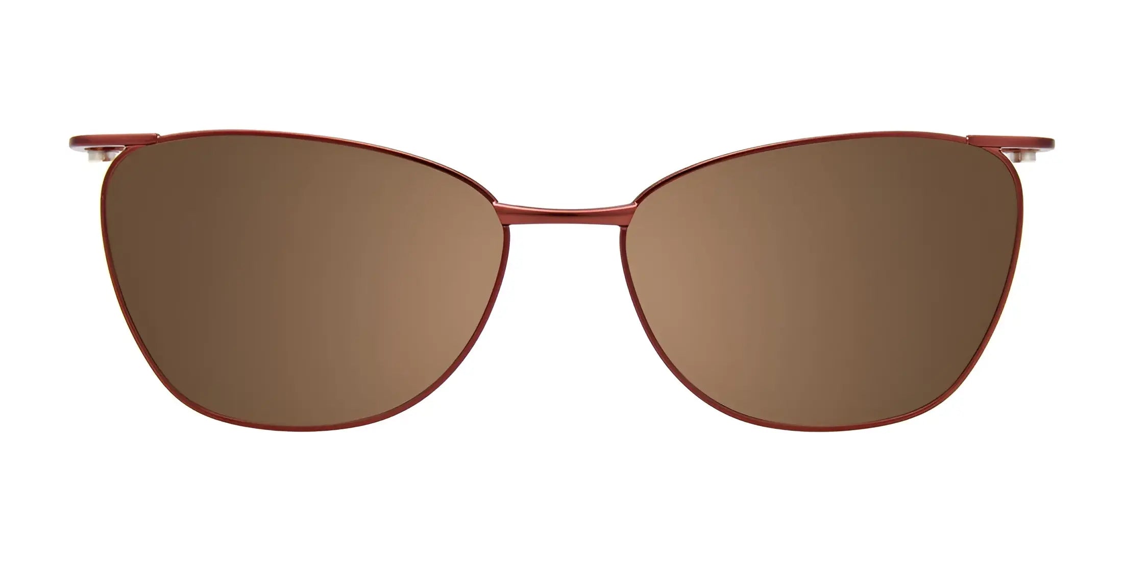 EasyClip EC591 eyeglasses with size 52 frames by EasyClip, shown with clip-on sunglasses in a brown cat-eye style and thin red frames, viewed from the front against a white background.